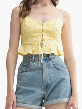All in Favor Yellow Eyelet Tie-Front Cropped Camisole